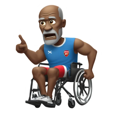old black bald man with a protruding round pot belly in wheelchair. angry face. grey stubble. he is pointing finger in front. Arsenal soccer shirt. mouth word bubble sticker