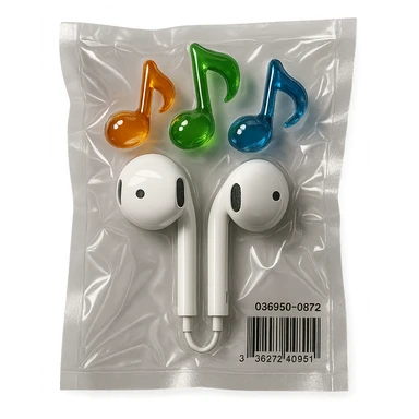 pair of white EarPods with three distinct colorful glass music notes floating above, glossy and puffy sticker