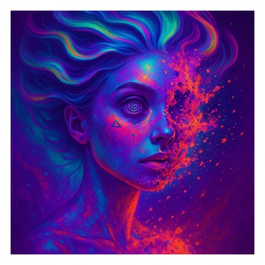 surreal neon portrait, skin in vibrant palette, face partially dissolving in colorful explosion, airbrush technique, hair as swirling liquid streams like northern lights, spiral eyes, geometric elements on face, paint particles flying, acid purple, turquoise, electric pink, sense of transformation sticker