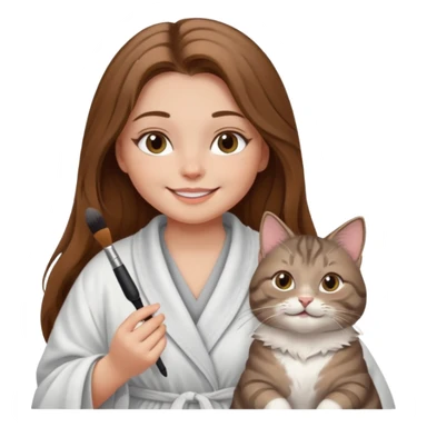 A image of a girl with light long brown hair doing her makeup with her chubby grey tabby cat. She is smiling sticker
