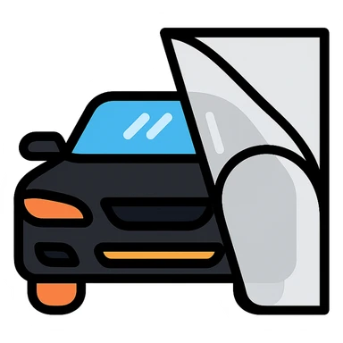 high-end black car icon partially covered by a rolled transparent or light gray film with curved adhesion effect, glossy black main color, modern and clean style, no text sticker