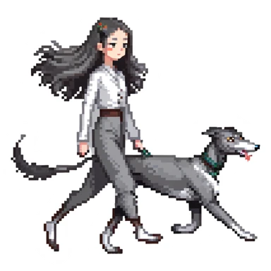 Japanese girl with flowing hair walking a solid grey greyhound with no white markings sticker