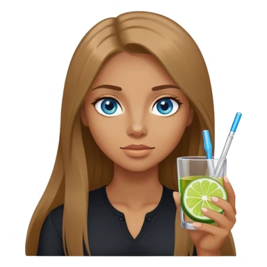 tan woman, black shirt, long light brown straight hair, grey blue eyes, holding a shot with lime sticker