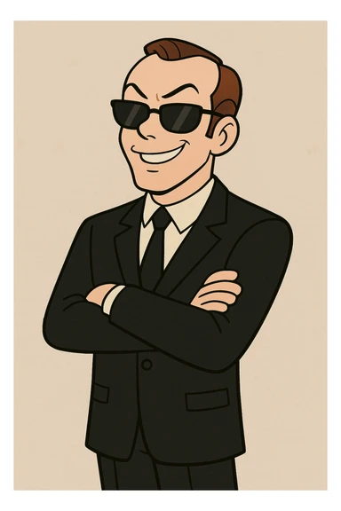 cartoon Agent Smith from The Matrix standing with arms crossed, black suit and tie, sunglasses, playful look sticker
