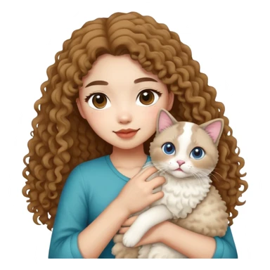 a curly asian girl with a seal point ragdoll cat in the hand sticker