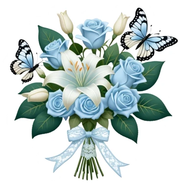 A classic bouquet of pale blue roses, delicate white lilies, and trailing jasmine, tied together with an embroidered ivory ribbon. A butterfly with lace-like wings hovers nearby, casting a soft, intricate shadow over the bouquet. sticker