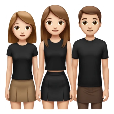 emoji of a girl with long, straight light brown hair, fair skin, soft brown eyes. Wearing a stylish black top and mini skirt. Full-height, standing confidently with shoulders back, head up, smiling proudly. Surrounded by 3men and one woman next to her, looking at her with admiration. sticker