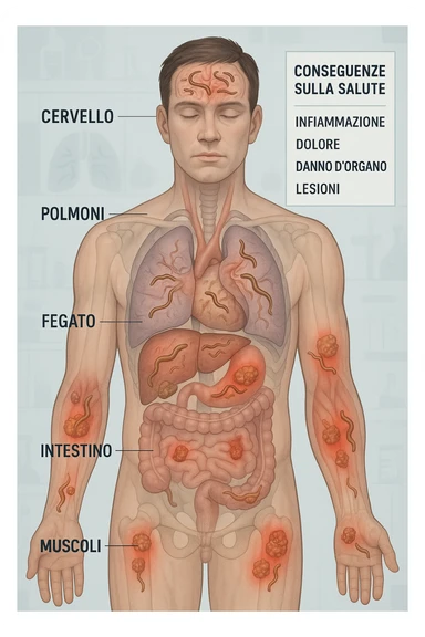 a semi-transparent view of a man’s body reveals numerous parasitic organisms inside his organs and tissues. Some areas are highlighted with red or inflamed zones, and small tumor-like masses are visible where the parasites cluster. The background is clinical and educational, with labels pointing to affected organs and a sidebar showing the health consequences. scritto in italiano sticker