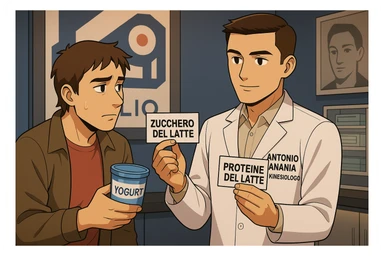fai un webtoon manga a colori con questo stile, in cui un uomo ASCOLTA Il kinesiologo con il camice bianco (fagli anche la scritta "ANTONIO ANANIA" SUL CAMICE, IL KINESIOLOGO SPIEGA ALL'UOMO UNA COSA TENENDO DUE FOGLIETTINI IN MANO, UNO CON LA SCRITTA "ZUCCHERO DEL LATTE" E UNA CON LA SCRITTA "PROTEINE DEL LATTE". L'UOMO OSSERVA LO YOGURT CHE HA IN MANO CON ESPRESSIONE DUBBIOSA IN VOLTO. non fare i fumetti però, fai solo in modo che sembri stiano parlando sticker
