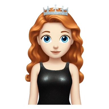 Beautiful girl with redhair, pale skin and bright blue eyes. She wears a sparkly black dress and a silver crown  sticker