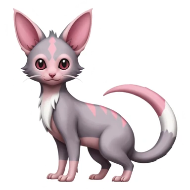 Minccino-Lykoi-Emolga-Sphynx-Linoone-Zangoose-fusion-hybrid-animal-Fakémon-creature, full body, thin long sleek scaly tail, intricate markings sticker