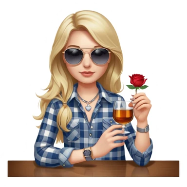 girl with long blond hair, wearing grey/white plaid shirt, with blue eyes and aviator sunglasses, wearing a ring on her silver necklace around her neck, holding a glass of whiskey, wearing rose gold apple watch sticker