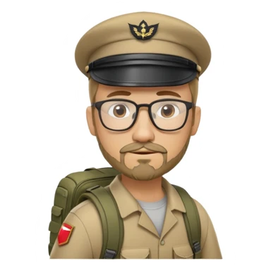 adventurer with goatee beard (no beard on cheeks), short hair, glasses, backwards military tan cap and backpack sticker