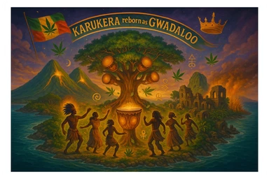 Create a powerful, surreal vision of the Caribbean island Guadeloupe, reimagined as ‘Guadeloupe' — its sacred, sovereign identity restored. The island is lush, tropical, and volcanic, with two green volcanoes glowing golden at the peaks. In the center stands a giant mystical Drum Tree, its branches bearing carved drums instead of fruit, glowing with rhythmic light. Ancestral spirits of African and indigenous lineage dance in a circle around the tree, surrounded by floating ganja leaves and sacred symbols. Sugarcane fields burn gently in the background, symbolizing the end of colonial suffering. Ruins of colonial buildings crumble into the earth, reclaimed by vines and jungle. Above the island, a glowing banner in the sky reads: ‘Karukera reborn as Gwadaloo.’ A ganja-leaf flag waves high in red, green, and gold, and a golden Creole crown floats in the sky above the island — not worn by any man, but held in rhythm. The ocean is turquoise, the light is divine, and the entire scene radiates spiritual victory, cultural remembrance, and cosmic rhythm. Use a warm, cinematic palette of golds, greens, blues, and purples. Style should feel epic, sacred, and symbolic — a rebirth of Caribbean power. sticker