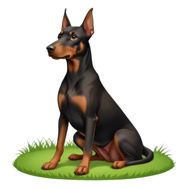 Close-up of a Doberman Pinscher sitting on lush green grass, looking alert and majestic. The background features a beautiful, serene nature view with rolling hills and bright blue skies. The dog’s sleek black and tan coat shines under the sun. Transparent background. sticker