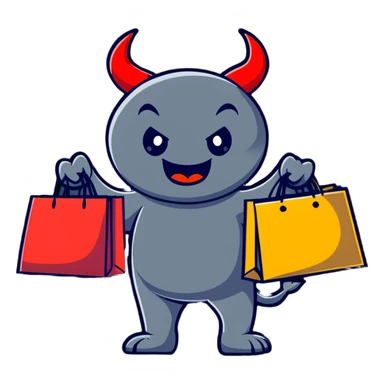 Devil character with shopping bags, excited about shopping sticker