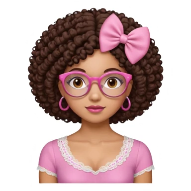 medium-light kinned afro-latina girl with medium length chocolate brown side part curly hair, small pink bow , with brown glasses, brown eyes, pink and white sweetheart necklined top with lace, round wide-ish nose, ob-long face sticker
