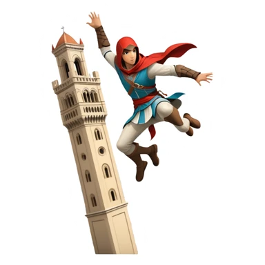 An icon featuring a hero performing a leap of faith from a tower in Florence, inspired by adventure games like Assassin's Creed. The design captures the dramatic moment mid-air, with detailed architecture and a bustling city below. Transparent background sticker