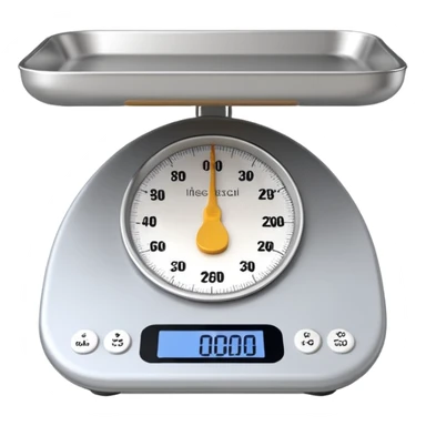 iOS-style 3D emoji: a small digital kitchen scale with a flat platform and an LCD screen displaying 0 g. sticker