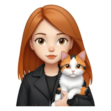 Light-skinned girl with brown straight hair wearing a black jacket, holding one pure white cat and one calico cat with orange black patches sticker