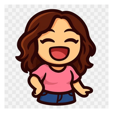 Create a chibi emote of the woman from the reference images, wearing a pink blouse and jeans, laughing with eyes closed, no headband, no sparkles, no wand, transparent background in sticker style sticker