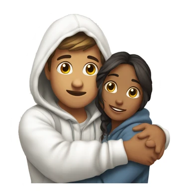 An emoji of a man wearing a white hoodie, standing next to his sister. He is hugging her warmly, showing a close sibling bond sticker