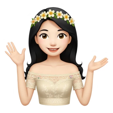 beautiful happy Thai woman with long straight black hair, fair skin, smiling gently while doing Thai greeting gesture (wai), wearing a cream lace off-shoulder blouse, hair decorated with flowers, pastel background, emoji style illustration sticker
