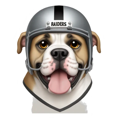 Tan American bulldog wearing a raiders helmet sticker