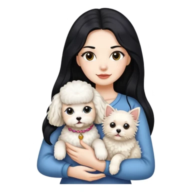 Lady with long black hair, holding 2 animals -a Ragdoll cat and a small poodle dog sticker
