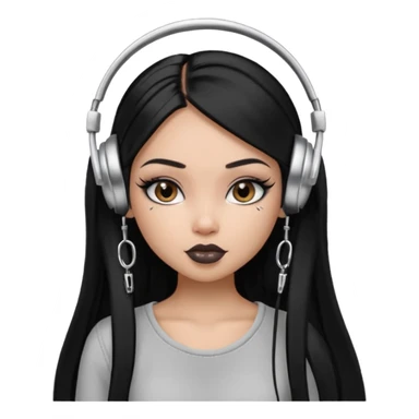 generate a pretty bratz girl with black long straight hair and silver headphones on, brown lipstick tattoo on shoulder, eyeliner on, silver hoops sticker