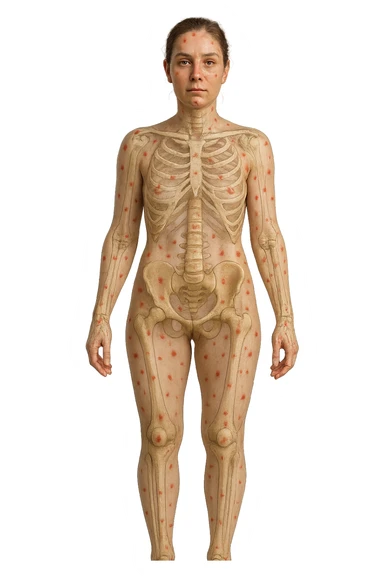 donna realistica a figura intera con red spot sparsi alle ossa, ossa del corpo visibili sul corpo, non sul volto iperrealistico 4k sticker