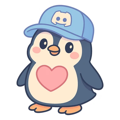 cute penguin with an oversized Discord cap and a big pink heart on its chest in pastel-toon style sticker