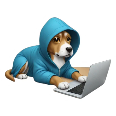 Sideways Dog with hoodie programming with paws on a laptop sticker