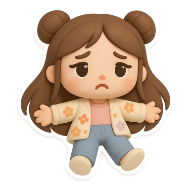 3D chibi style mochi girl, high-quality rendering with smooth shadows and soft gradients, long brown hair in two space buns, brown eyes, jeans, pastel floral cardigan, thick white outline like a sticker, transparent background, lying flat on the floor, arms spread, looking sad, preserve facial features from reference image sticker