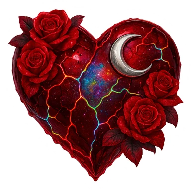 Edit the gothic heart to have cracked deep red glass, silver crescent moon, red roses, shimmering holographic stardust, neon lightning accents, and a glossy wet appearance. Keep the background transparent. The style should maintain the gothic heart's original look with transparent background. sticker