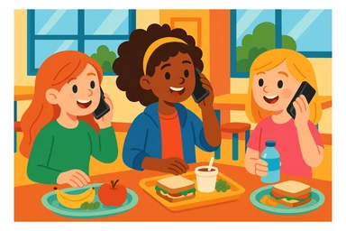 three girls spending their lunch break talking on the phone to one another, vibrant and friendly scene, modern casual clothing, school or office lunch setting, cheerful expressions sticker