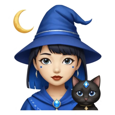 an asian short haired girl with electric blue highlighted short raven hair with bangs, with her silver left eye and dark brown right eye, with black cat eyed style eyeliner, and smirk of natural toned lipstick, with wizard hat with moon emblem on his hat. sticker