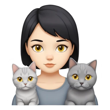 A black short hair girl,  with four cat , grey British Shorthair, yellow British Longhair, White Longhair, white British longhair.  sticker