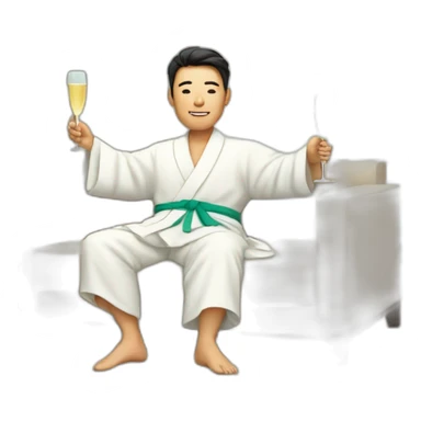 A Korean man in a bathrobe on the sofa with a glass of champagne sticker