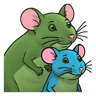 A male rat wearing blue and a female rat wearing pink. Both of them drinking milk from a bottle sticker