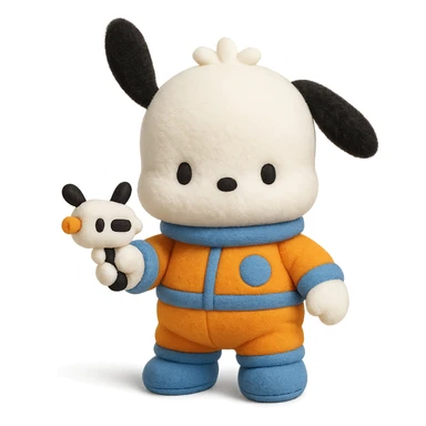 Pochacco holding a cute toy gun, white with black ears, wearing an orange and blue space suit, plushy Popmart doll style, playful and adorable sticker