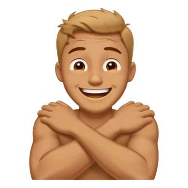 man crossing arms around his neck while laughing and tearing up sticker