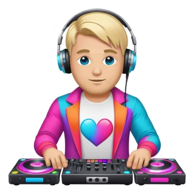 blond big man in colorful dj outfit showing love sticker