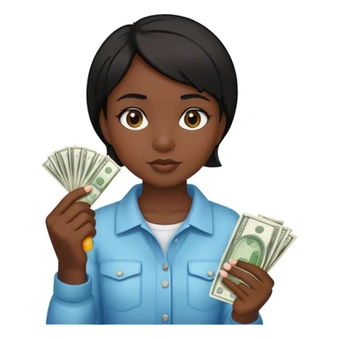 a young girl with dark skin and short black hair holding money and a glue stick in her hands sticker