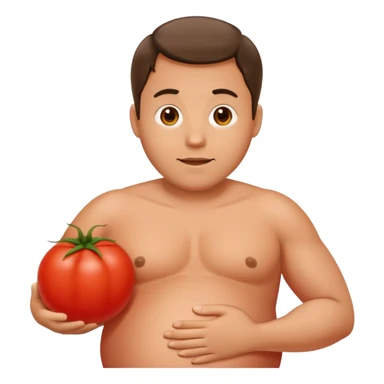 pregnant man with belly replaced by a tomato sticker
