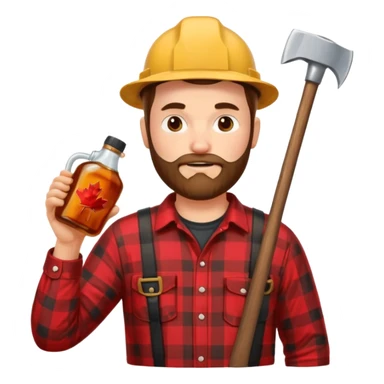 I want a Canadian lumberjack wearing a red and black plaid shirt drinking maple syrup out of the maple syrup bottle and holding a axe in the other sticker
