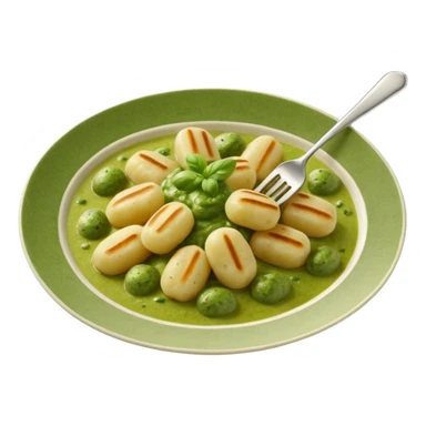 Gnocchi Cinematic Realistic Gnocchi Dish Emoji, depicted as tender oblong potato gnocchi garnished with iconic fork marks on top, rendered with soft textures and warm, inviting lighting. add green pesto sauce sticker