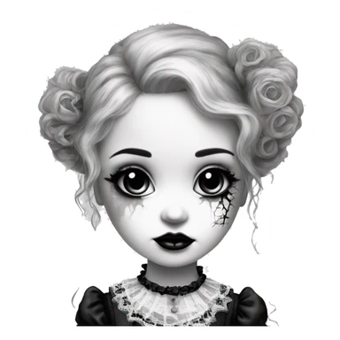 porcelain doll with a cracked face, goth makeup, long hair, lace and ruffles, lolita style, inked, black and white sticker