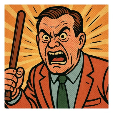 a furious dad with a baton, exaggerated angry expression, comic book style, bold lines, vibrant colors sticker