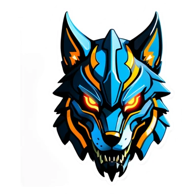 Warframe-inspired wolf Warframe with sleek biomechanical armor, a snarling wolf-like helmet, glowing eyes, and clawed gauntlets. Dark metallic colors with glowing energy lines, blending feral agility and deadly stealth.

 sticker